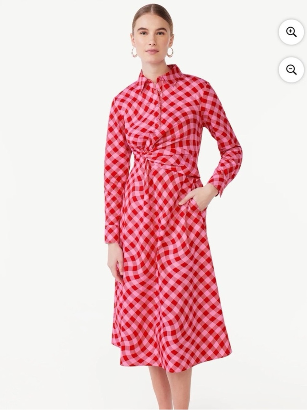 Long Sleeve Pink Gingham Twist-Front Maxi Dress